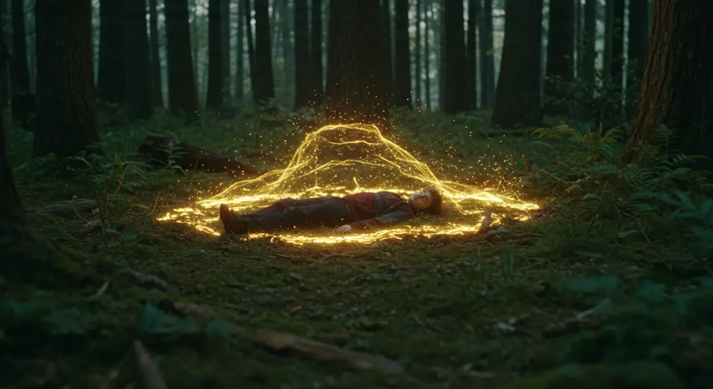 Harry lying in the forest, shielded by sacrifice