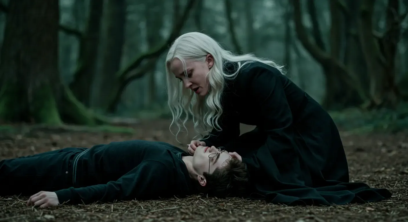 Narcissa Malfoy leaning over Harry in the forest
