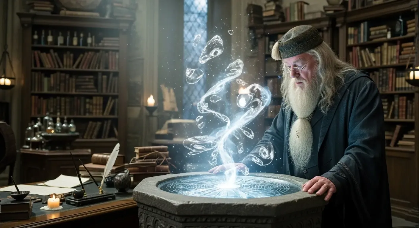 Dumbledore using the Pensieve in his office at Hogwarts