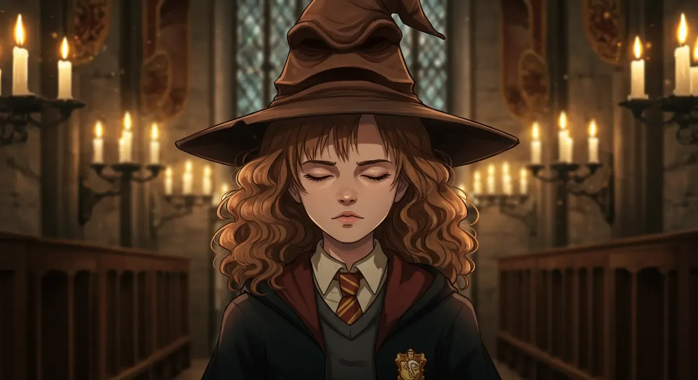 The Sorting Hat on Hermione's head, with Slytherin's green and silver colors prominent