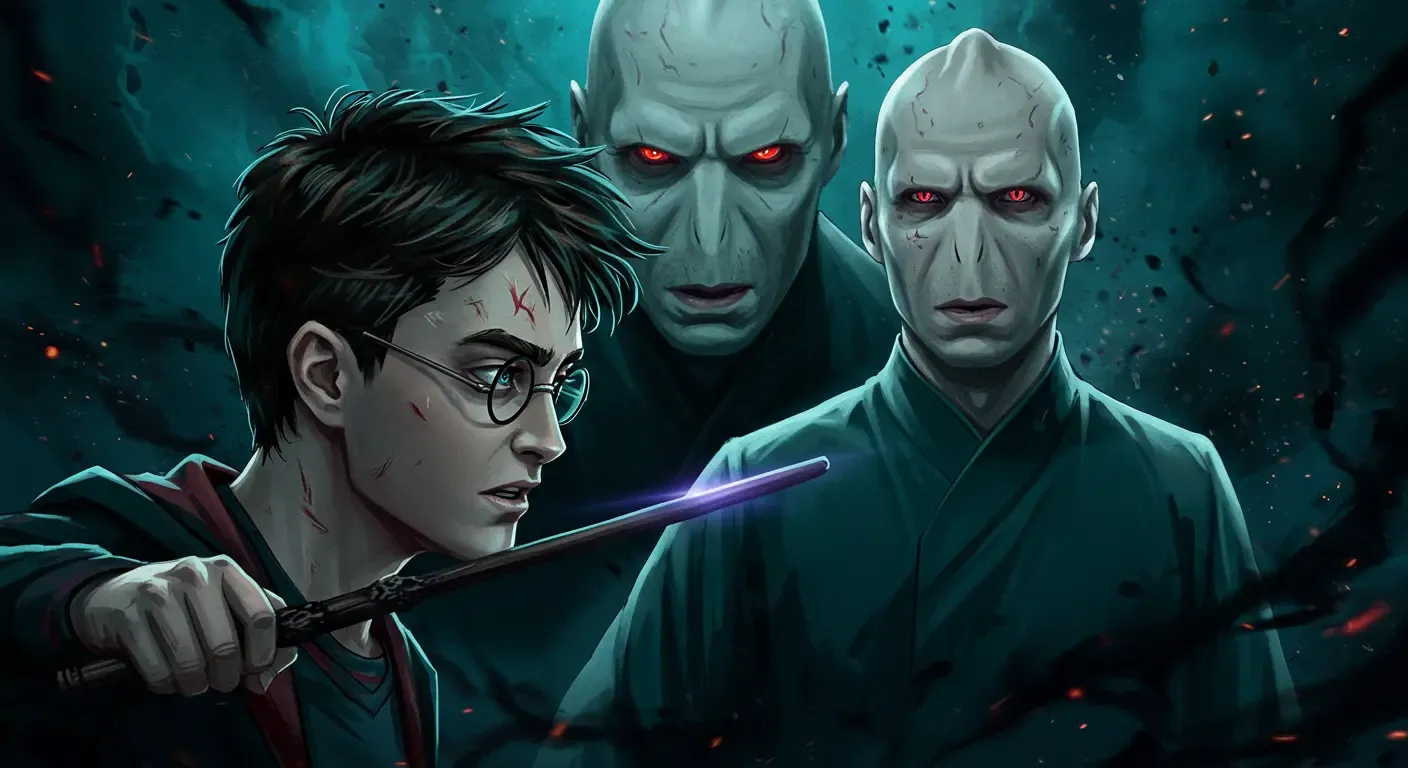 Voldemort in the Forbidden Forest standing over Harry Potter’s body